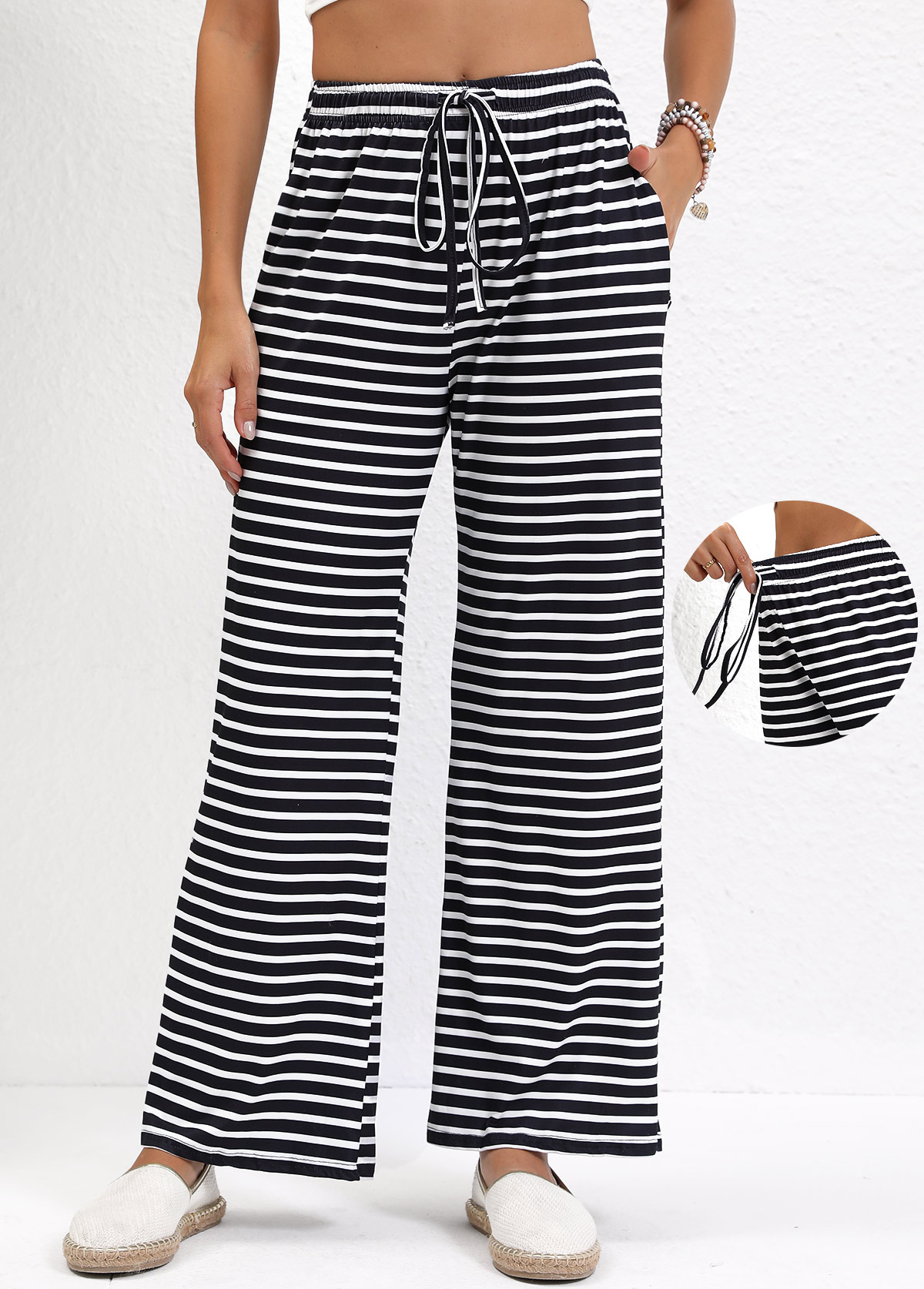 Black Pocket Striped Straight Leg Elastic Waist Pants | picture 