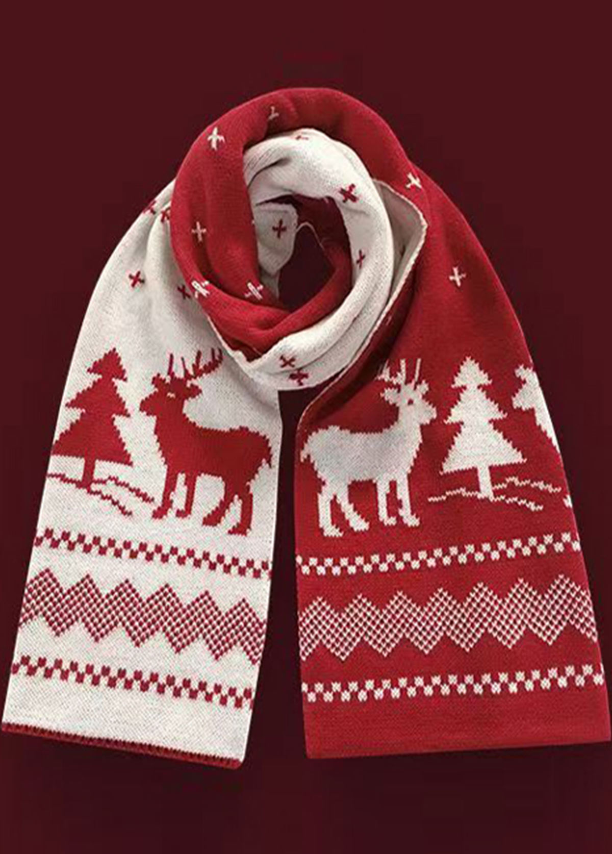 Christmas Wine Red Geometric Elk Print Scarf | picture 