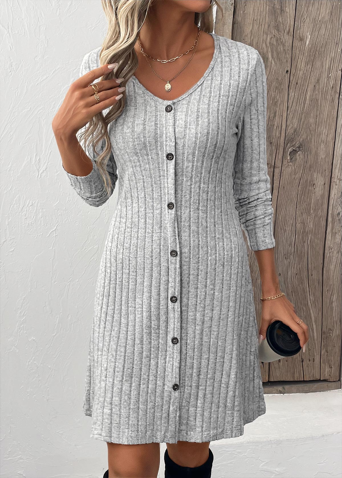 Light Grey Button Long Sleeve Scoop Neck Dress | picture 