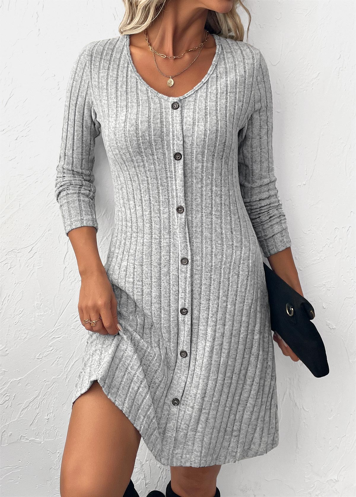 Light Grey Button Long Sleeve Scoop Neck Dress | picture 