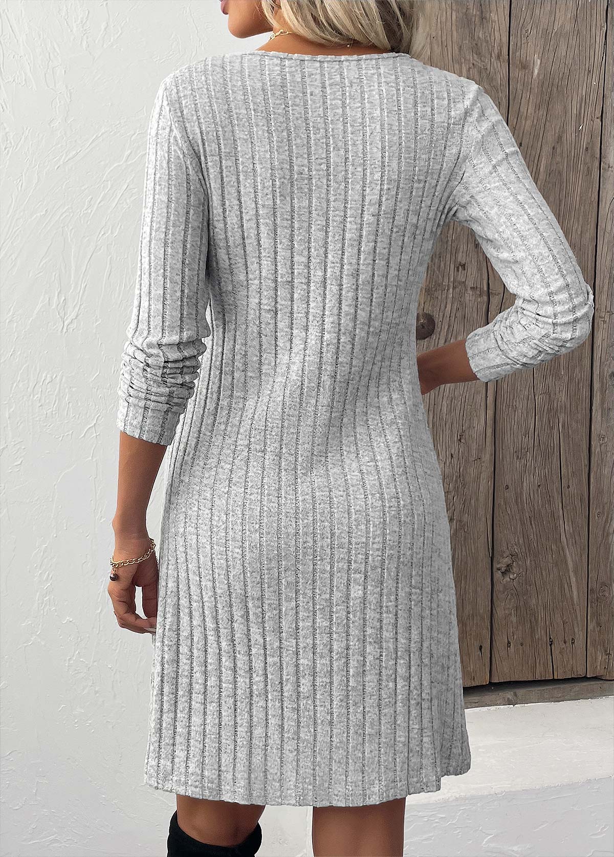 Light Grey Button Long Sleeve Scoop Neck Dress | picture 