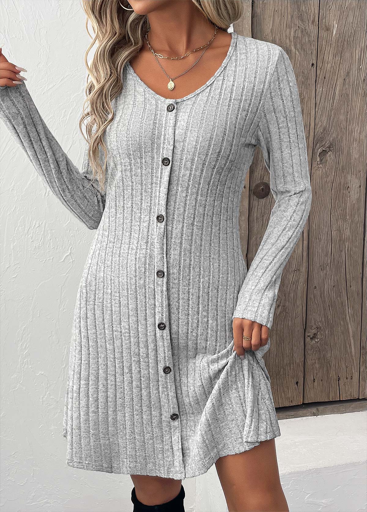 Light Grey Button Long Sleeve Scoop Neck Dress | picture 