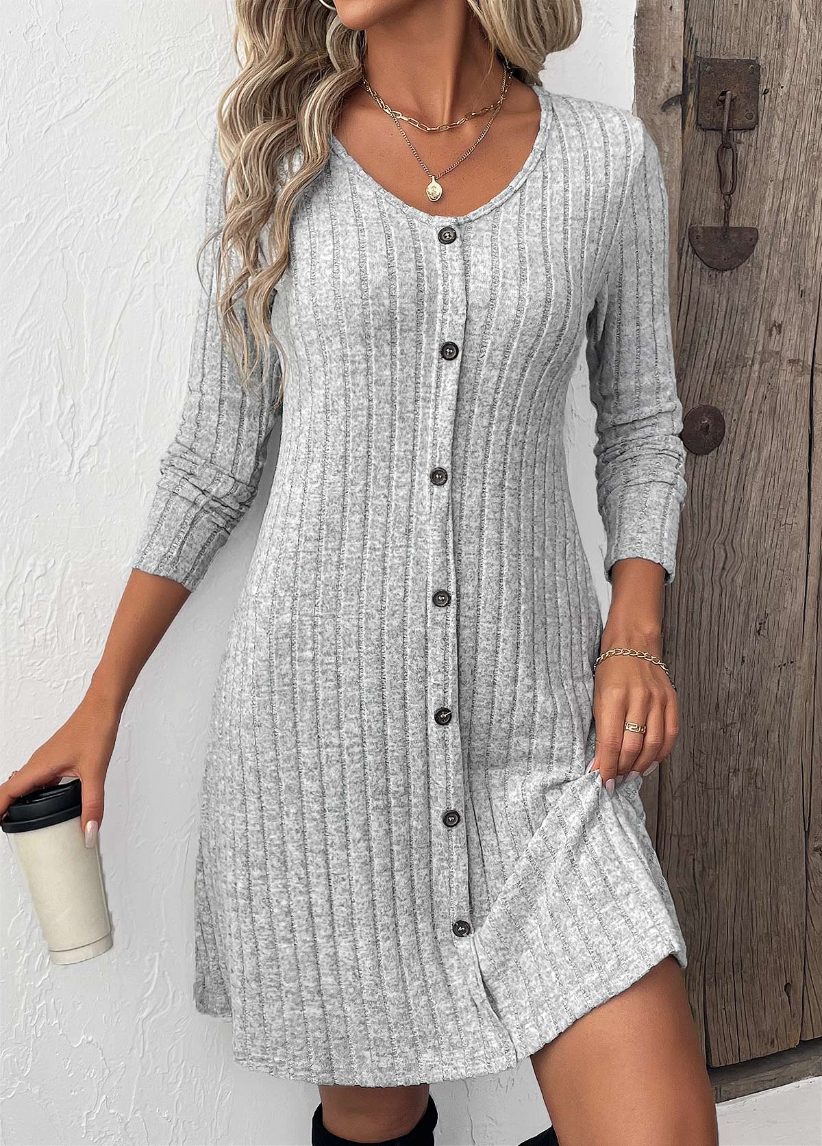 Light Grey Button Long Sleeve Scoop Neck Dress | picture 