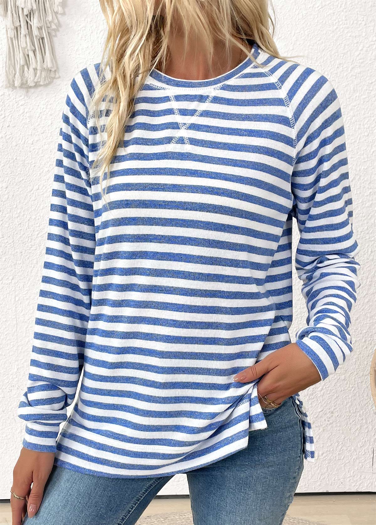 Light Blue Striped Long Sleeve Round Neck T Shirt | picture 