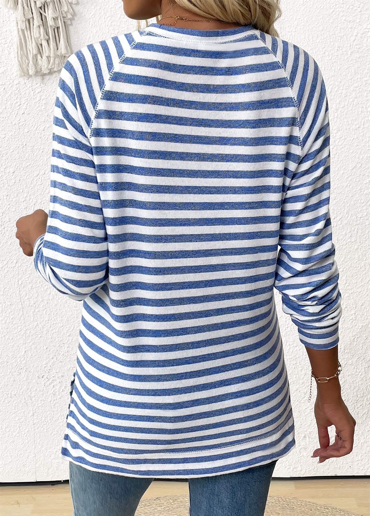 Light Blue Striped Long Sleeve Round Neck T Shirt | picture 