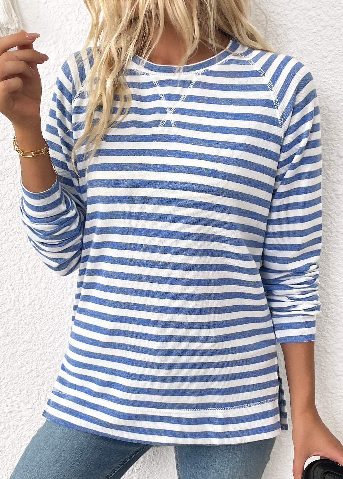 Light Blue Striped Long Sleeve Round Neck T Shirt | picture 