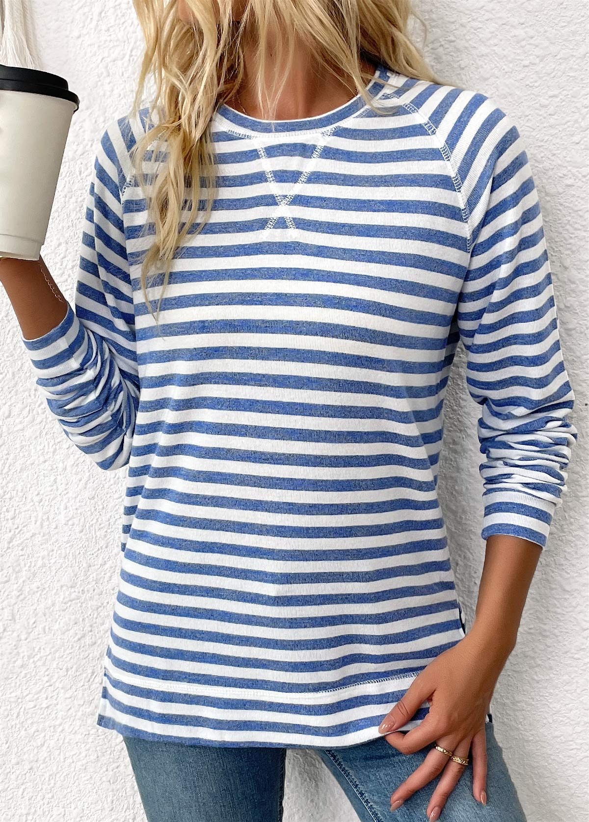 Light Blue Striped Long Sleeve Round Neck T Shirt | picture 