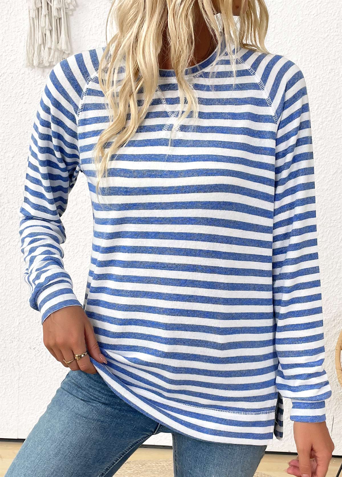 Light Blue Striped Long Sleeve Round Neck T Shirt | picture 