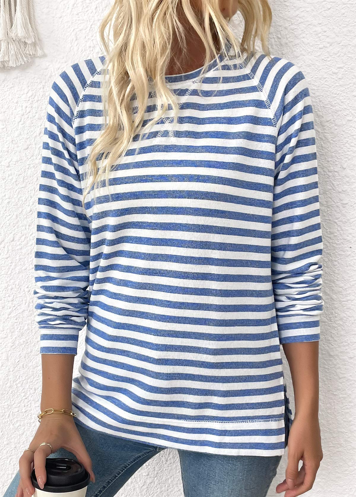 Light Blue Striped Long Sleeve Round Neck T Shirt | picture 