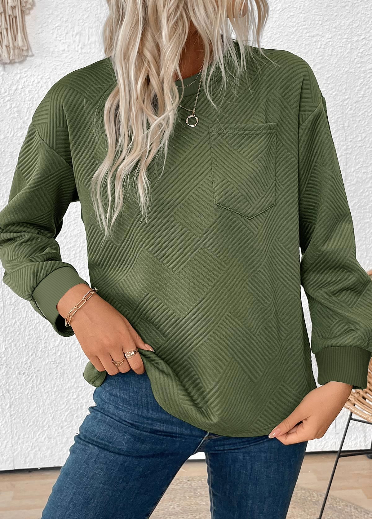 Olive Green Jacquard Long Sleeve Round Neck Sweatshirt | picture 