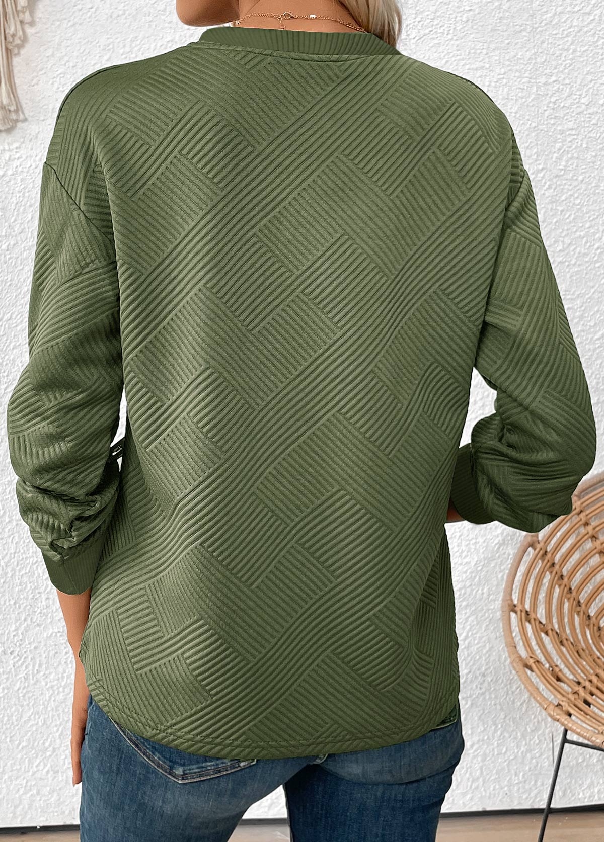 Olive Green Jacquard Long Sleeve Round Neck Sweatshirt | picture 