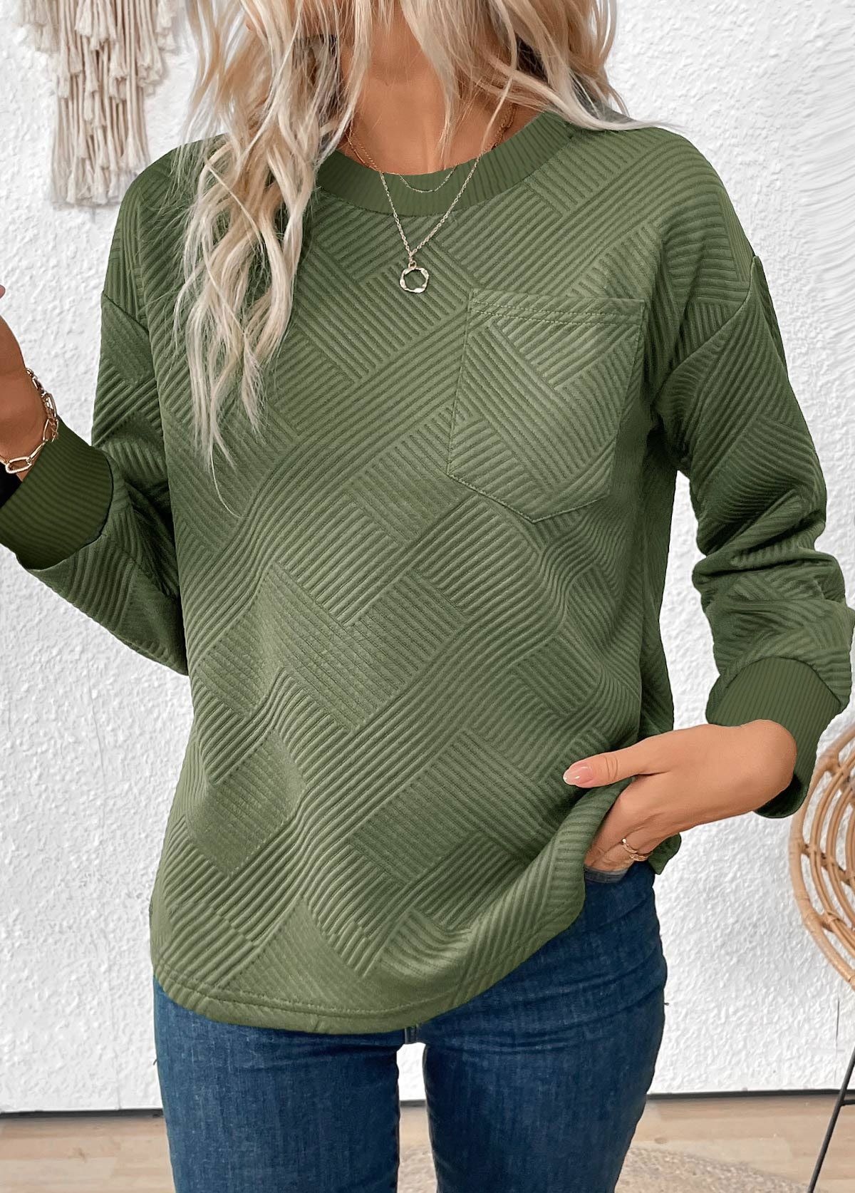 Olive Green Jacquard Long Sleeve Round Neck Sweatshirt | picture 