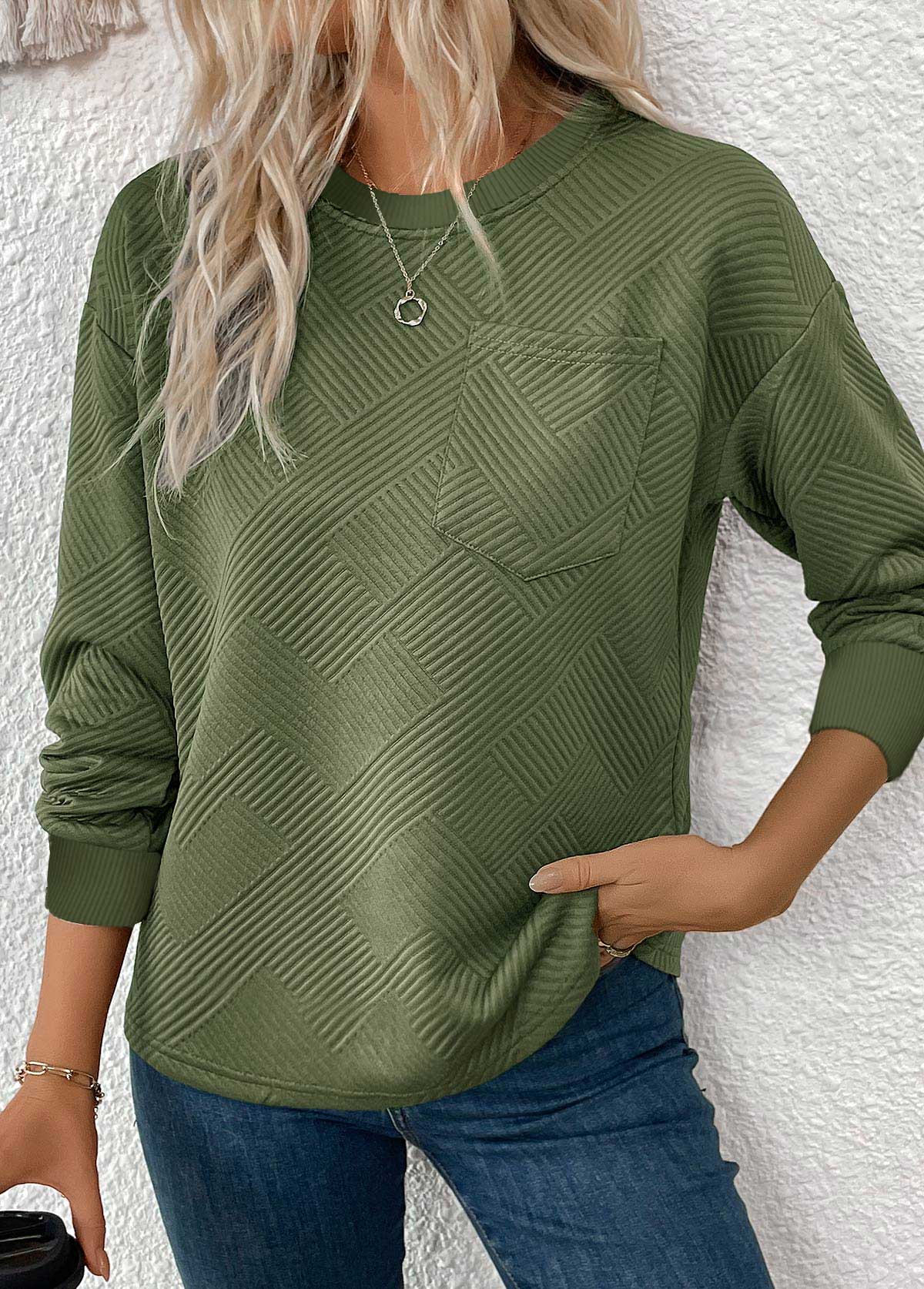 Olive Green Jacquard Long Sleeve Round Neck Sweatshirt | picture 