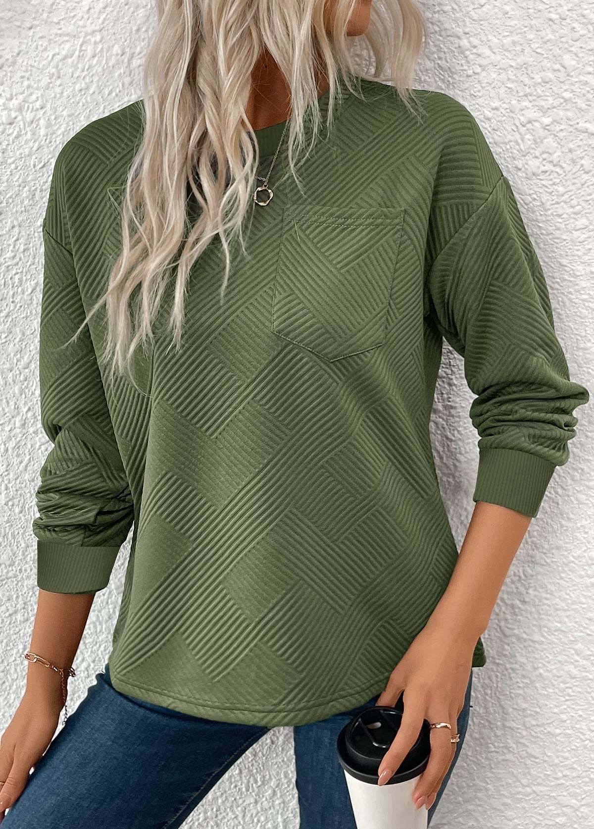Olive Green Jacquard Long Sleeve Round Neck Sweatshirt | picture 