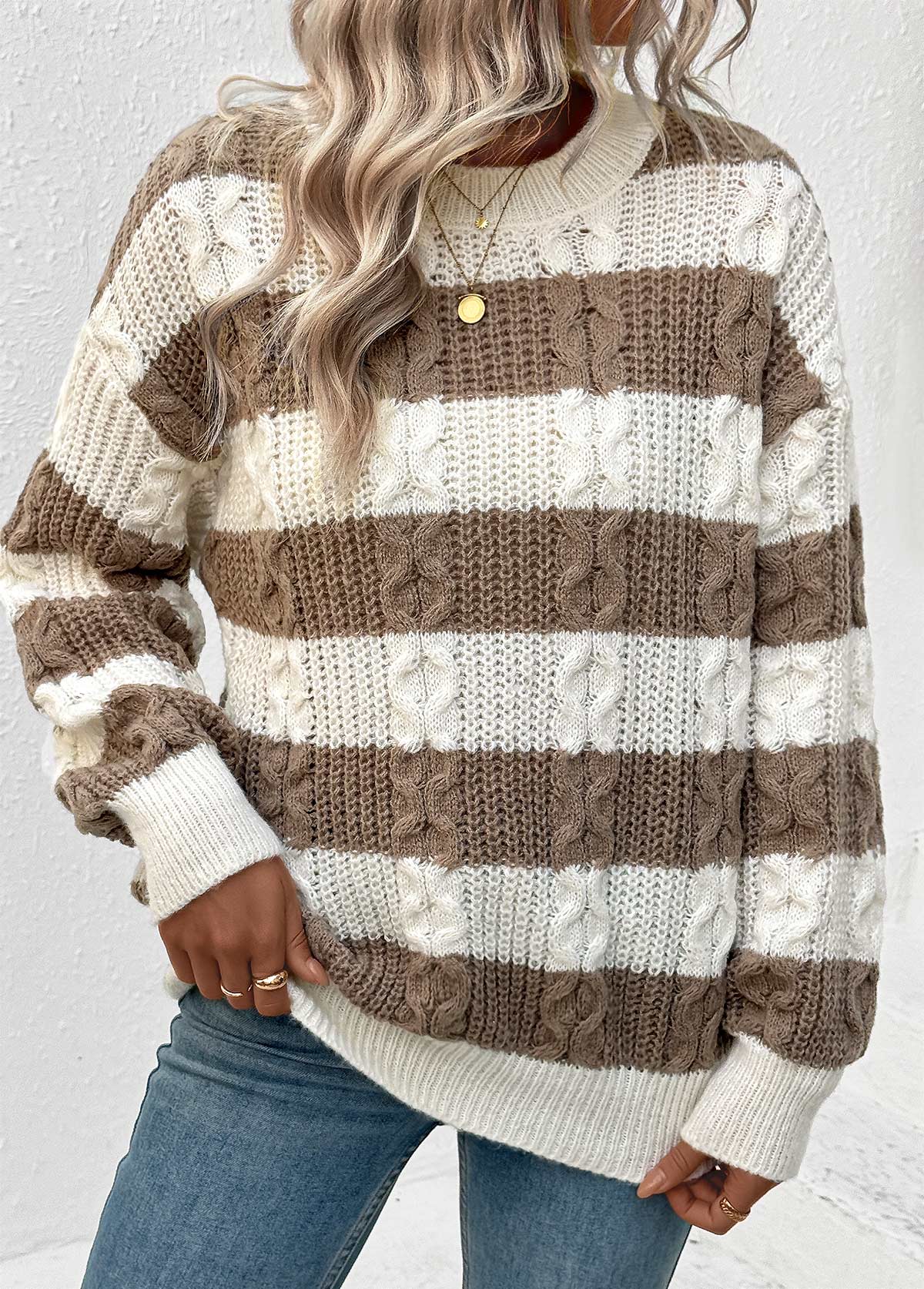 Dark Coffee Weave Striped Long Sleeve Round Neck Sweater | picture 