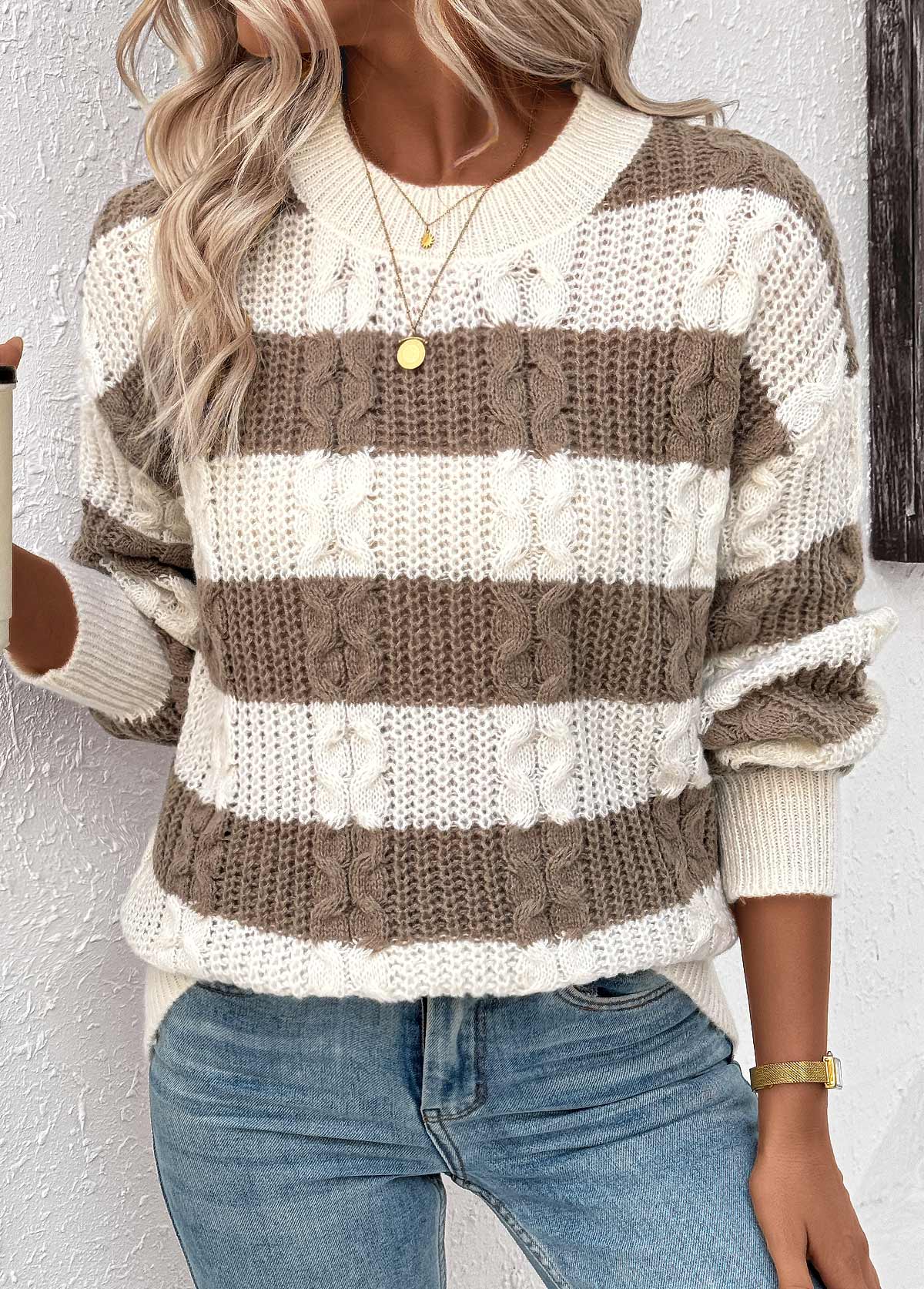 Dark Coffee Weave Striped Long Sleeve Round Neck Sweater | picture 