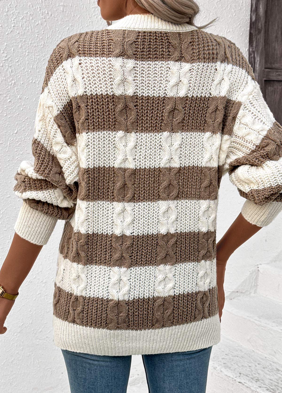 Dark Coffee Weave Striped Long Sleeve Round Neck Sweater | picture 