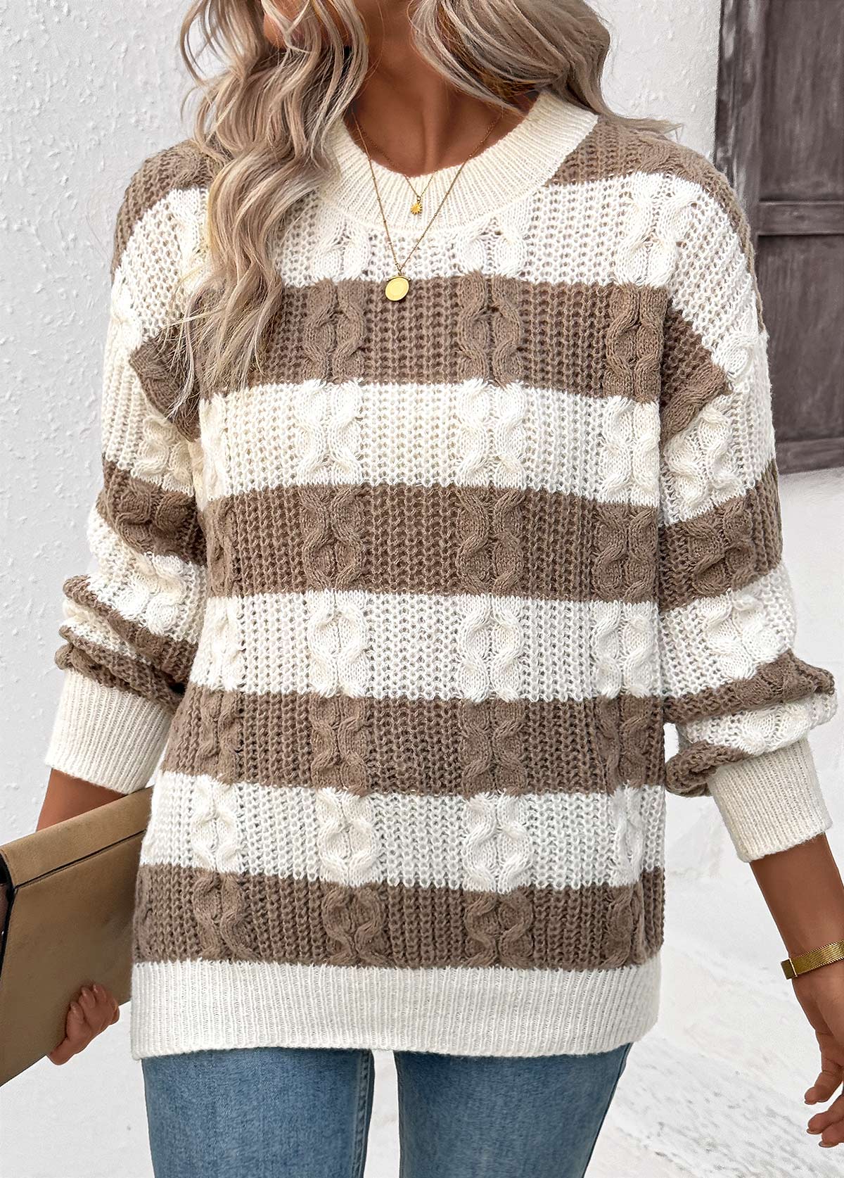Dark Coffee Weave Striped Long Sleeve Round Neck Sweater | picture 
