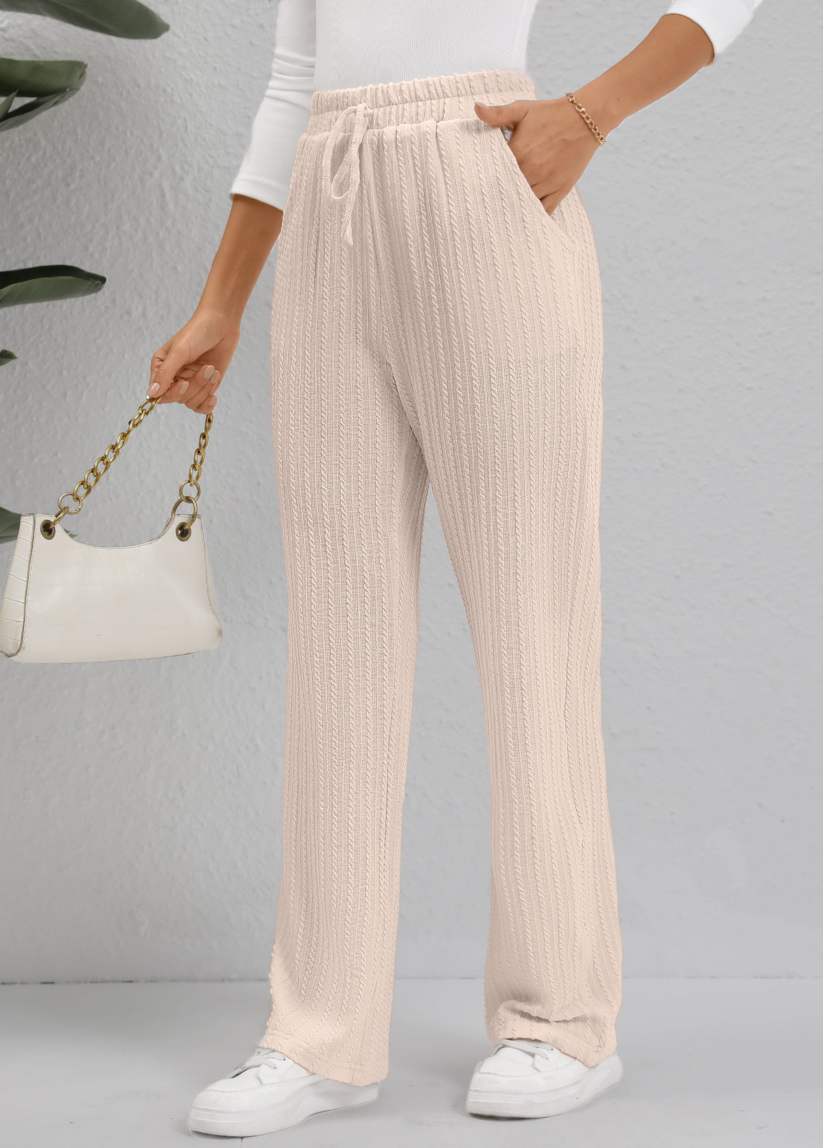 Beige Pocket Straight Leg Elastic Waist High Waisted Pants | picture 