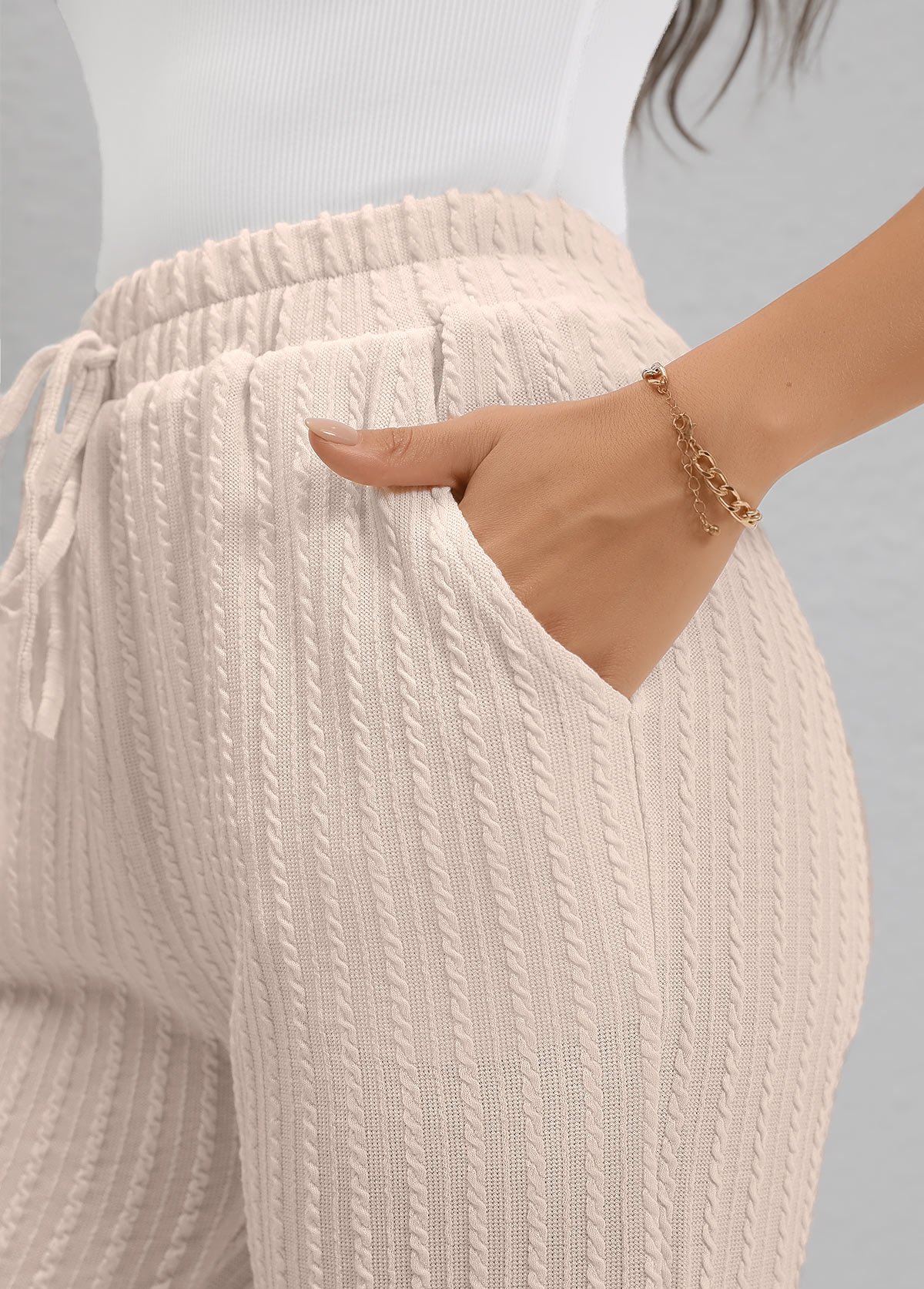 Beige Pocket Straight Leg Elastic Waist High Waisted Pants | picture 