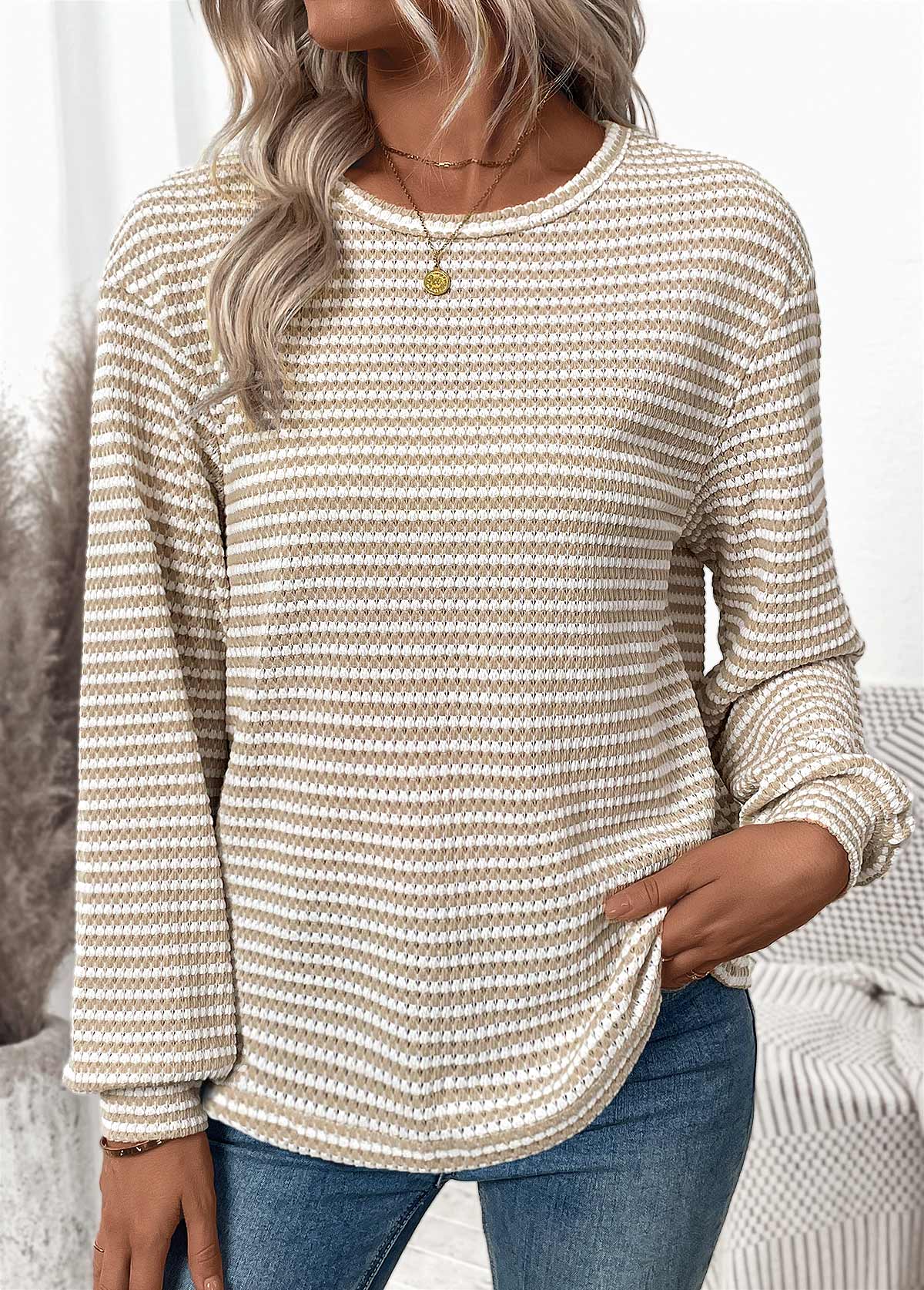 Light Coffee Jacquard Long Sleeve Round Neck T Shirt | picture 