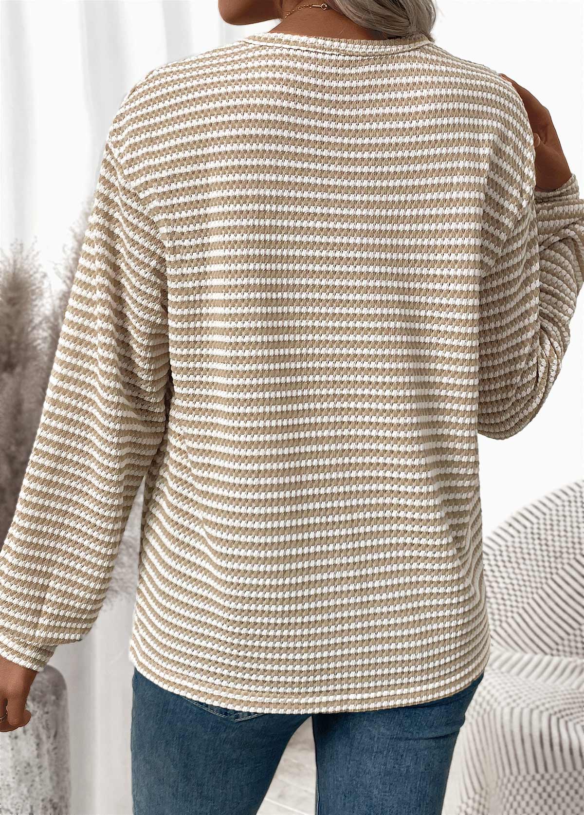 Light Coffee Jacquard Long Sleeve Round Neck T Shirt | picture 