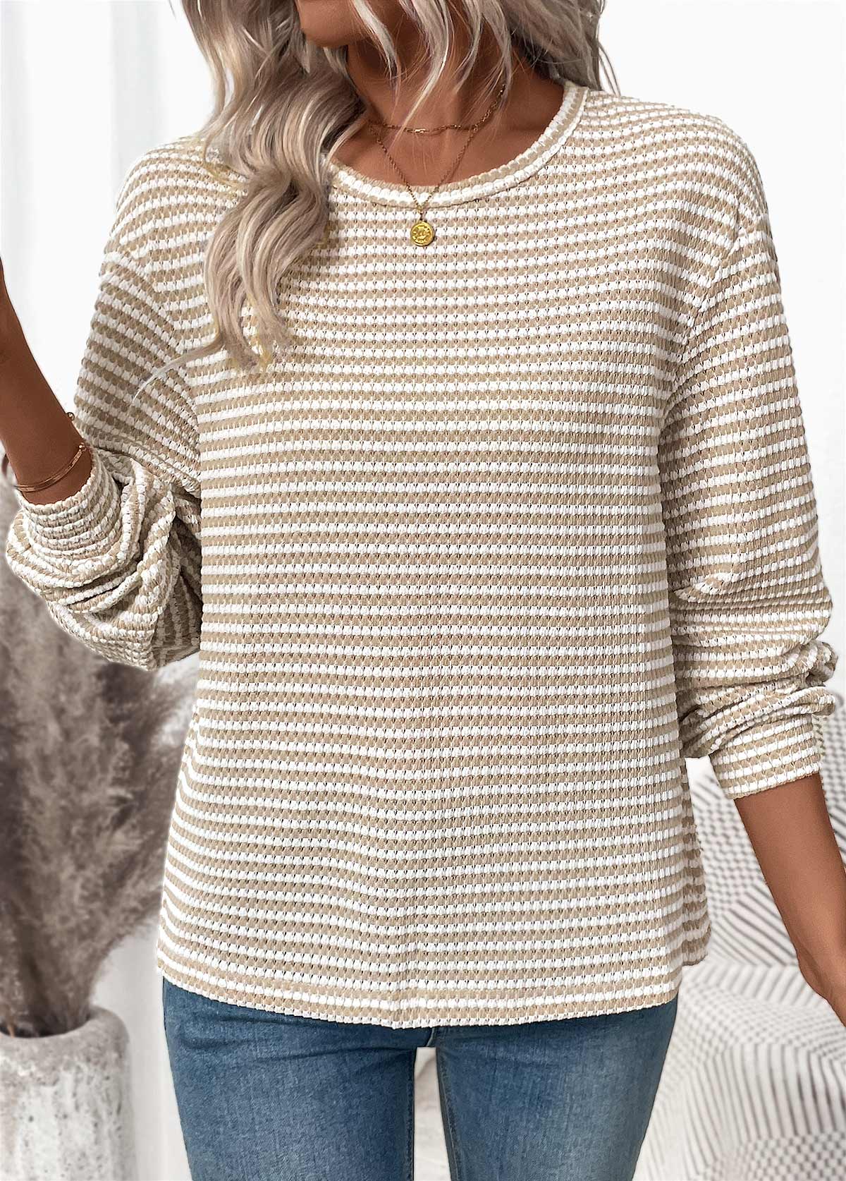 Light Coffee Jacquard Long Sleeve Round Neck T Shirt | picture 