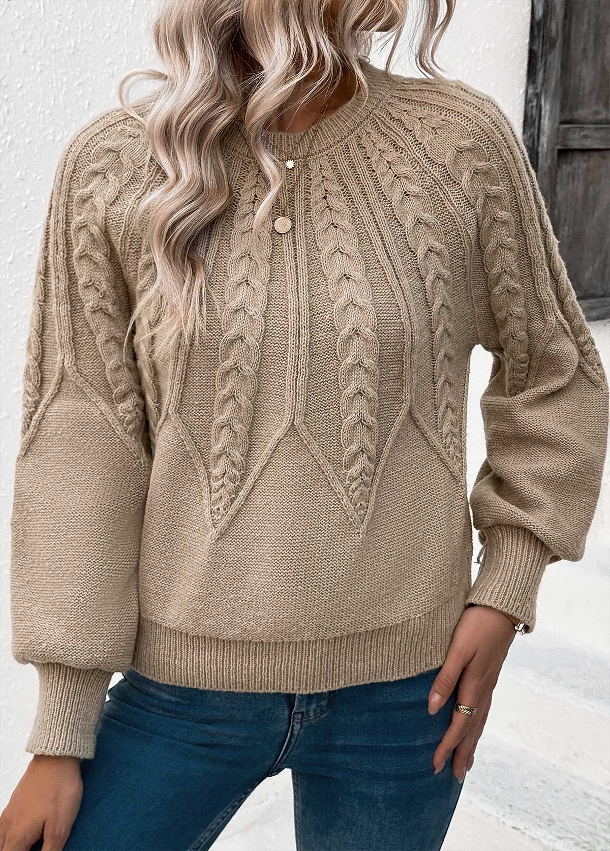 Long Sleeve Light Camel Round Neck Sweater | picture 