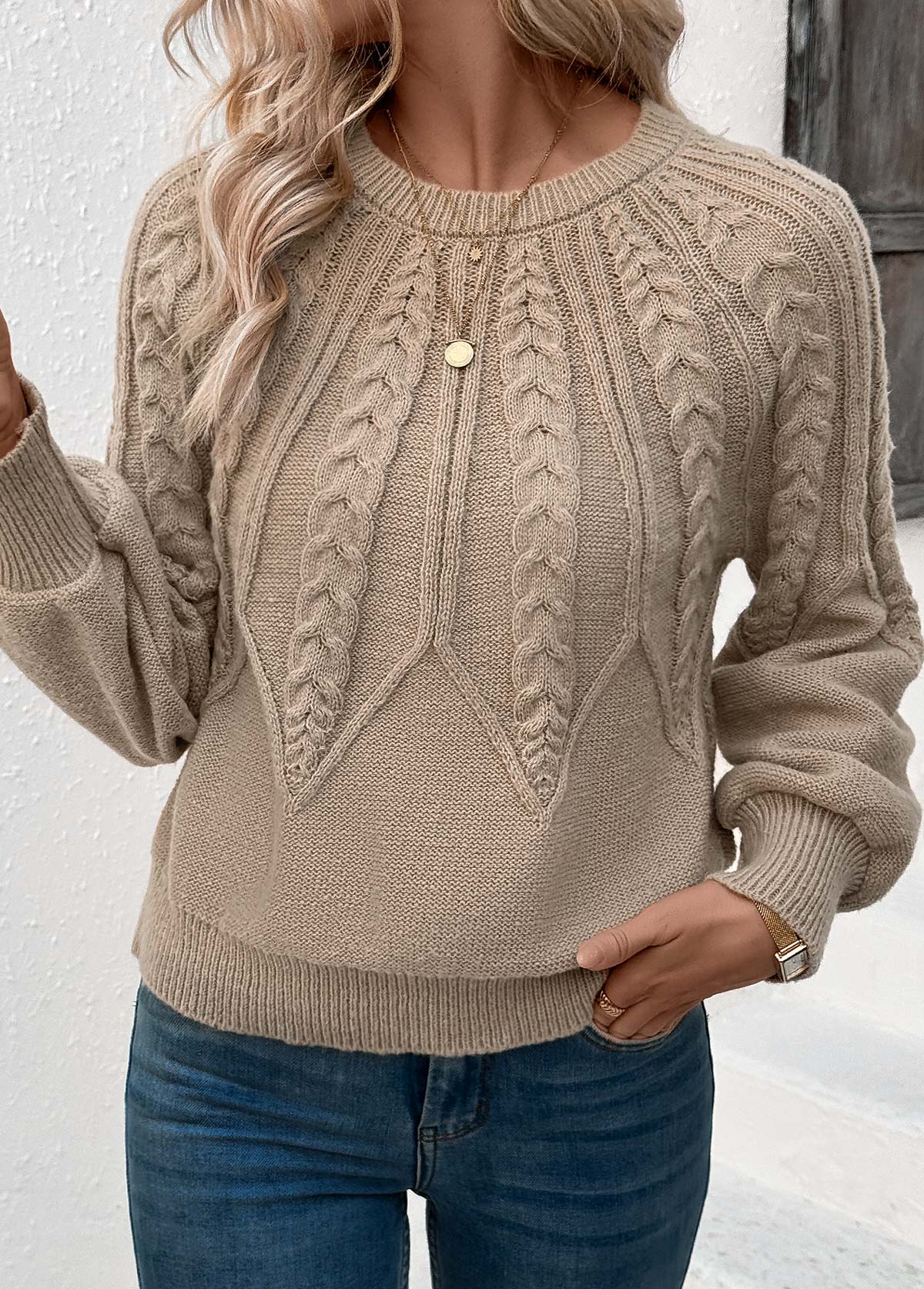 Long Sleeve Light Camel Round Neck Sweater | picture 