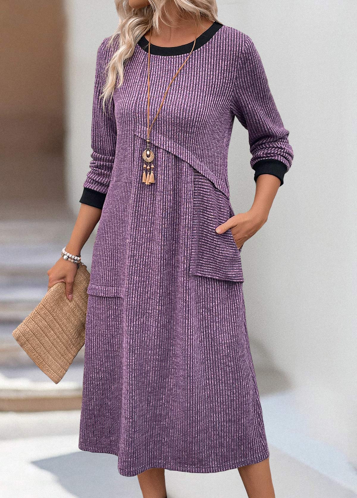 Plus Size Dusty Purple Tummy Coverage Long Sleeve Dress | picture 