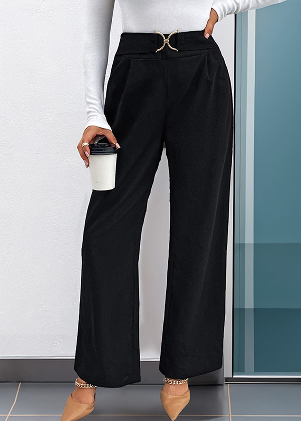 Straight Leg Zipper Fly Black High Waisted Pants | picture 