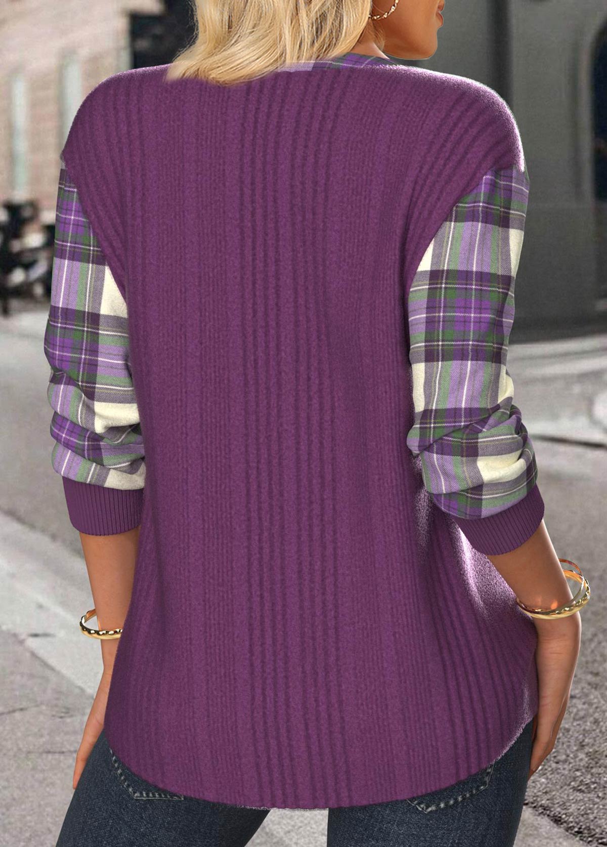 Purple Button Plaid Long Sleeve Split Neck Sweatshirt | picture 