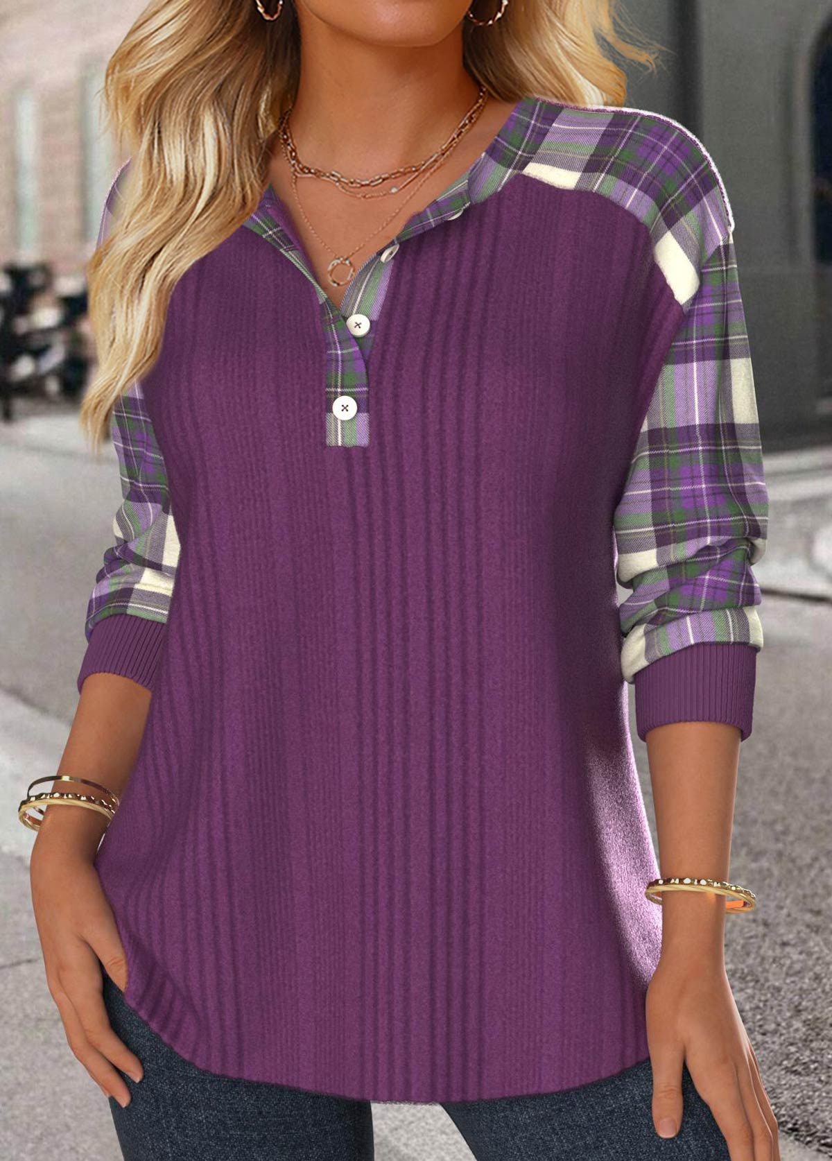 Purple Button Plaid Long Sleeve Split Neck Sweatshirt | picture 
