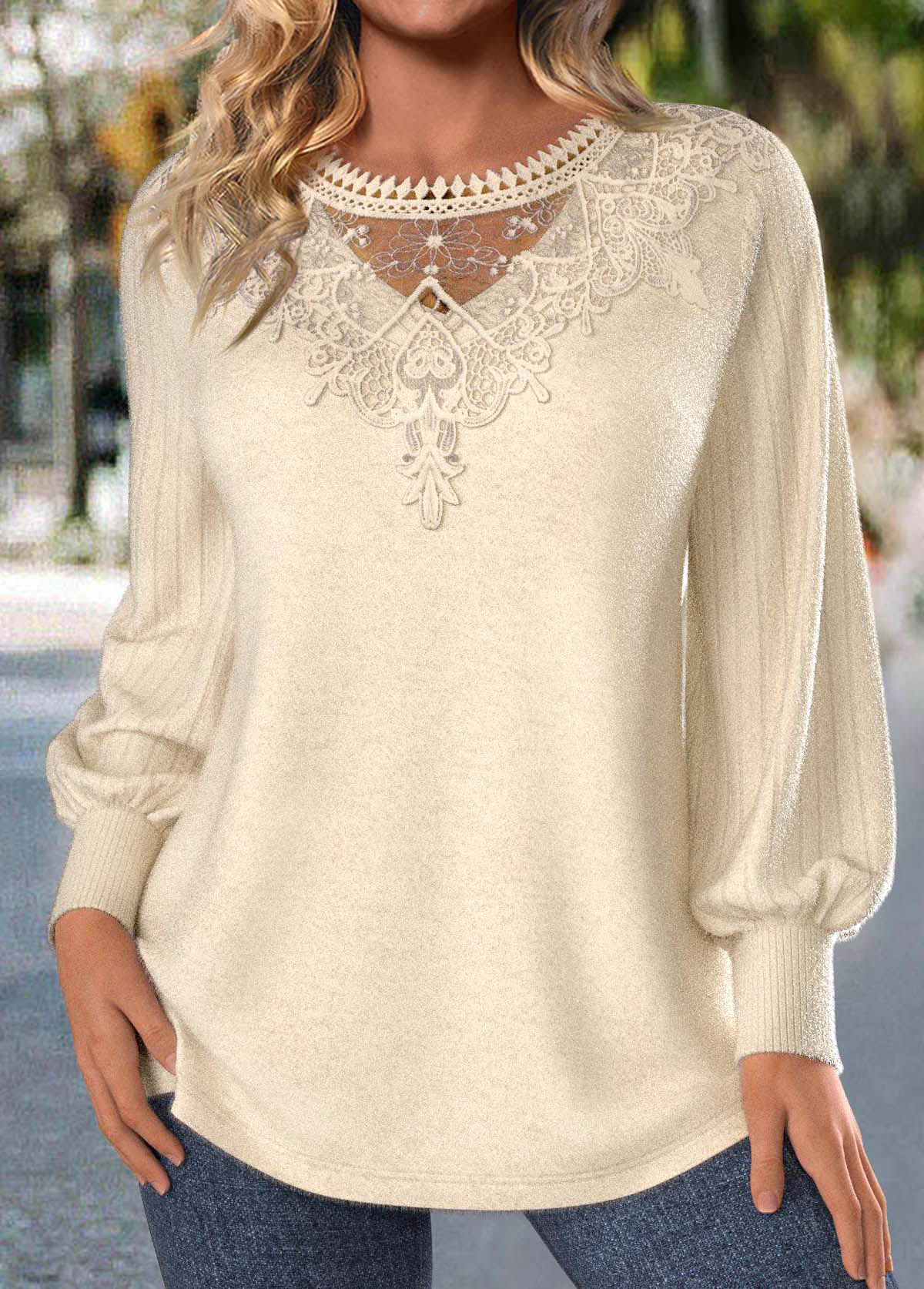 Plus Size Beige Embroidery Long Sleeve T Shirt | picture 