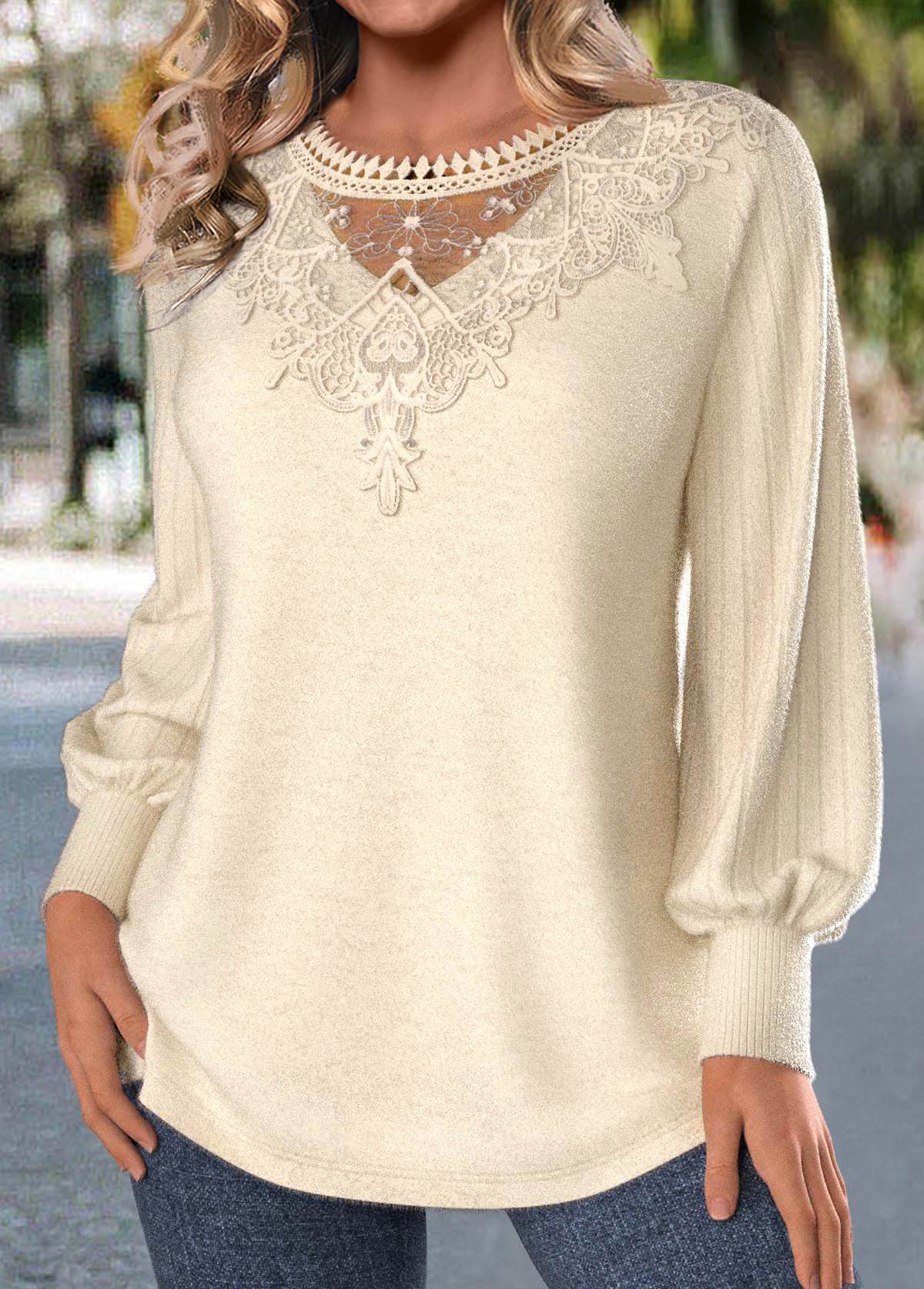 Plus Size Beige Embroidery Long Sleeve T Shirt | picture 
