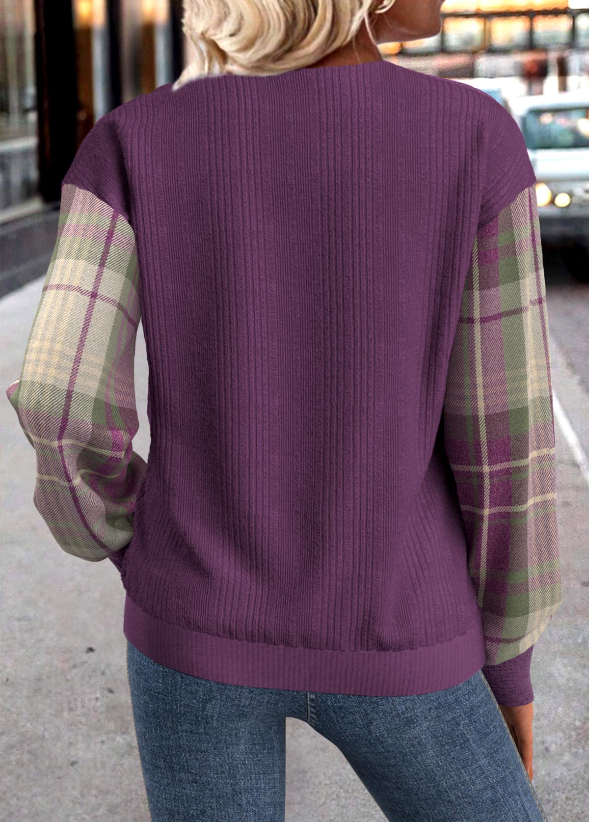 Plus Size Purple Button Plaid Long Sleeve Sweatshirt | picture 
