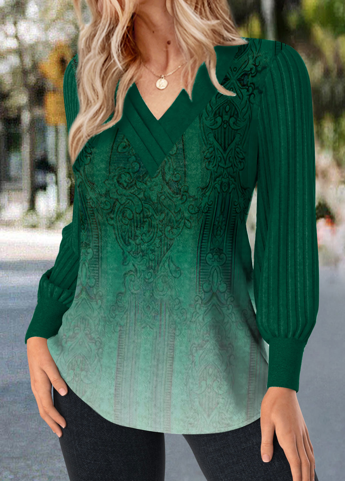 Green Patchwork Ombre Long Sleeve V Neck T Shirt | picture 