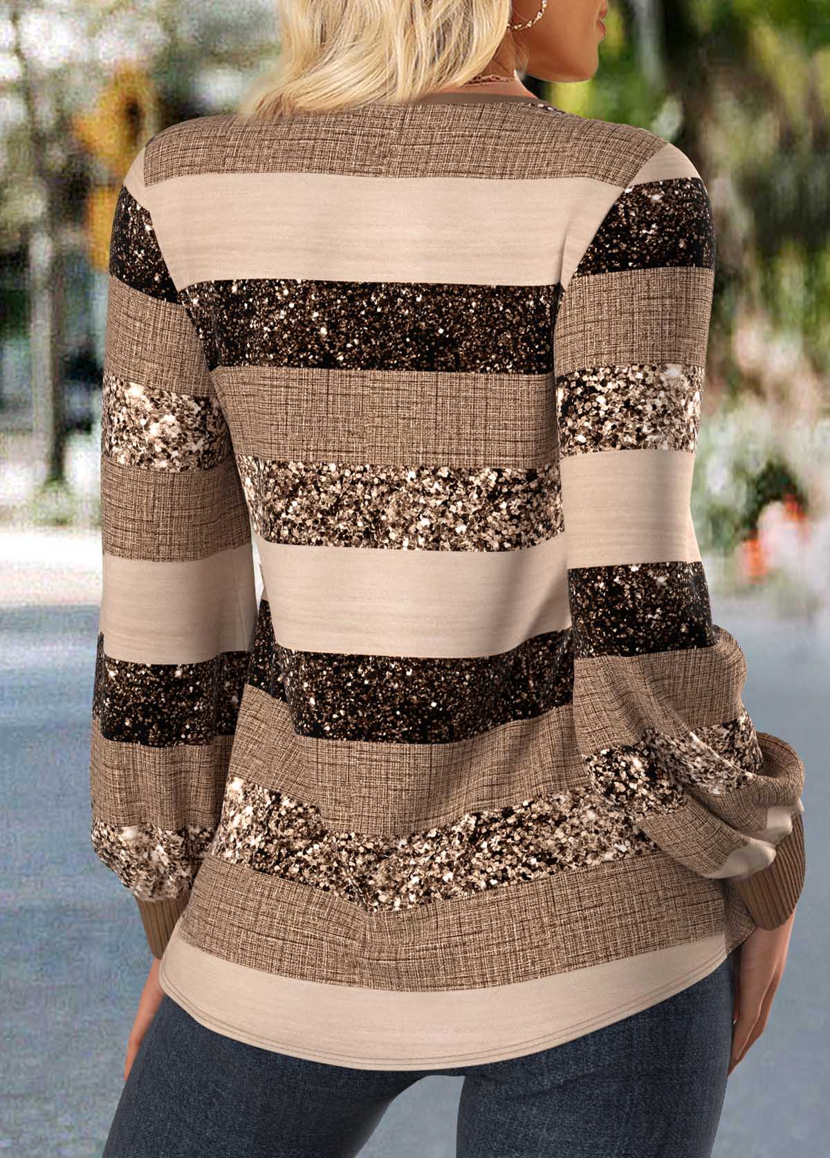 Light Coffee Patchwork Striped Long Sleeve T Shirt | picture 