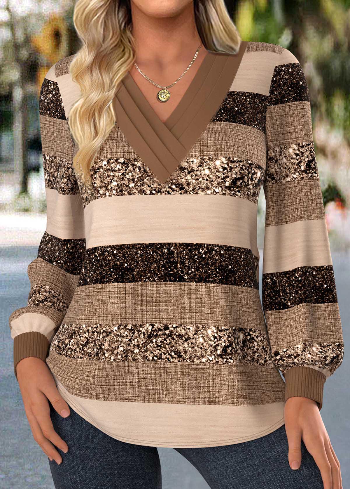 Light Coffee Patchwork Striped Long Sleeve T Shirt | picture 