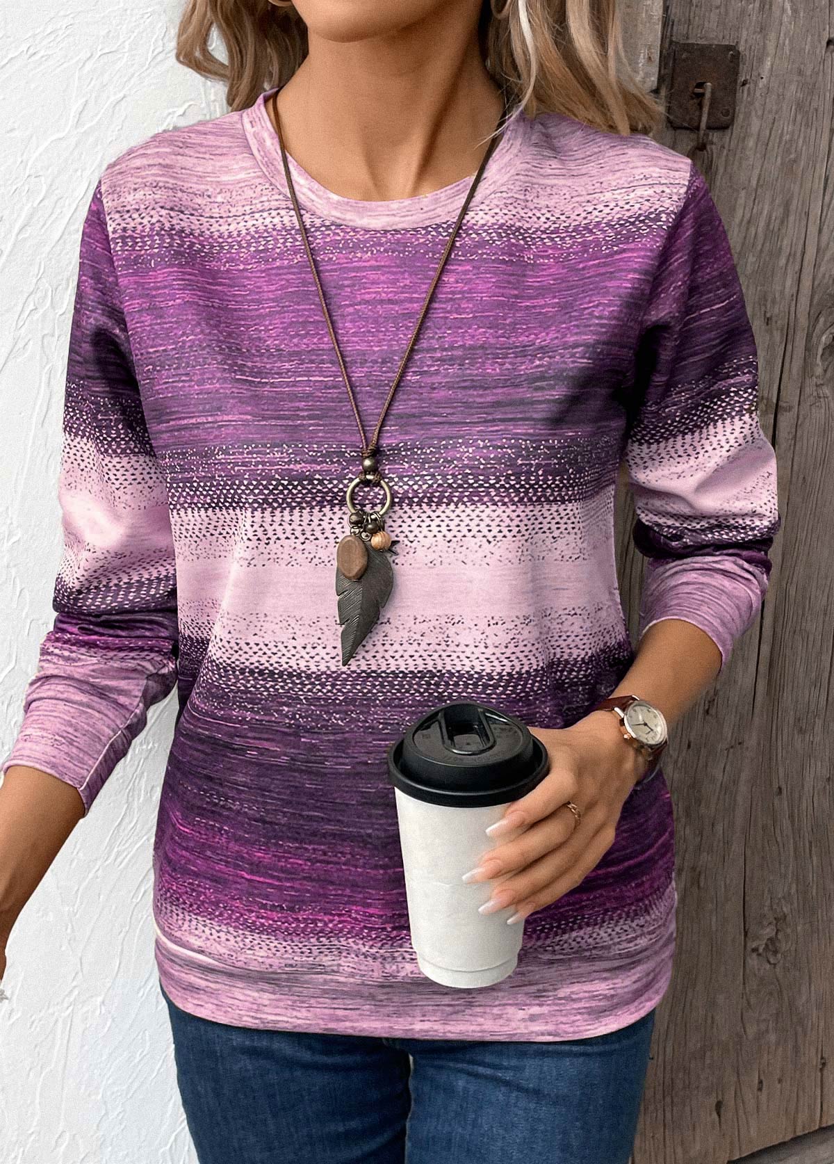 Purple Patchwork Tribal Print Long Sleeve Sweatshirt | picture 