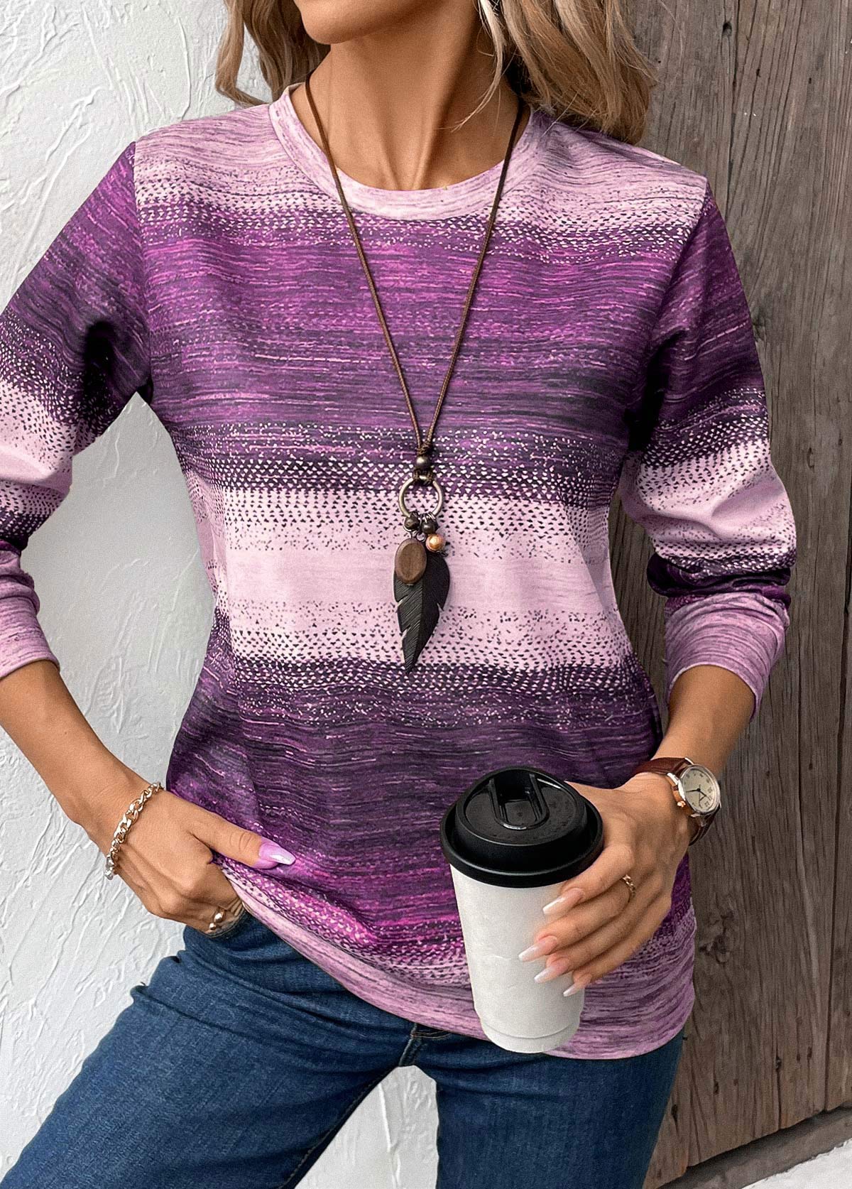 Purple Patchwork Tribal Print Long Sleeve Sweatshirt | picture 
