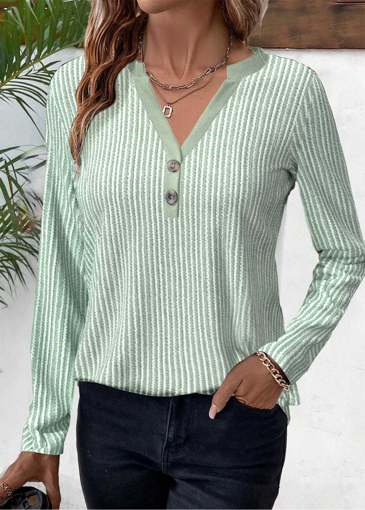 Light Green Button Striped Long Sleeve T Shirt | picture 