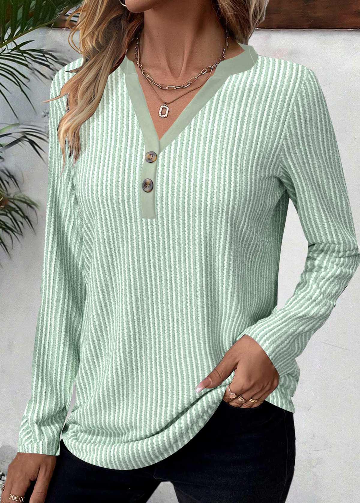 Light Green Button Striped Long Sleeve T Shirt | picture 