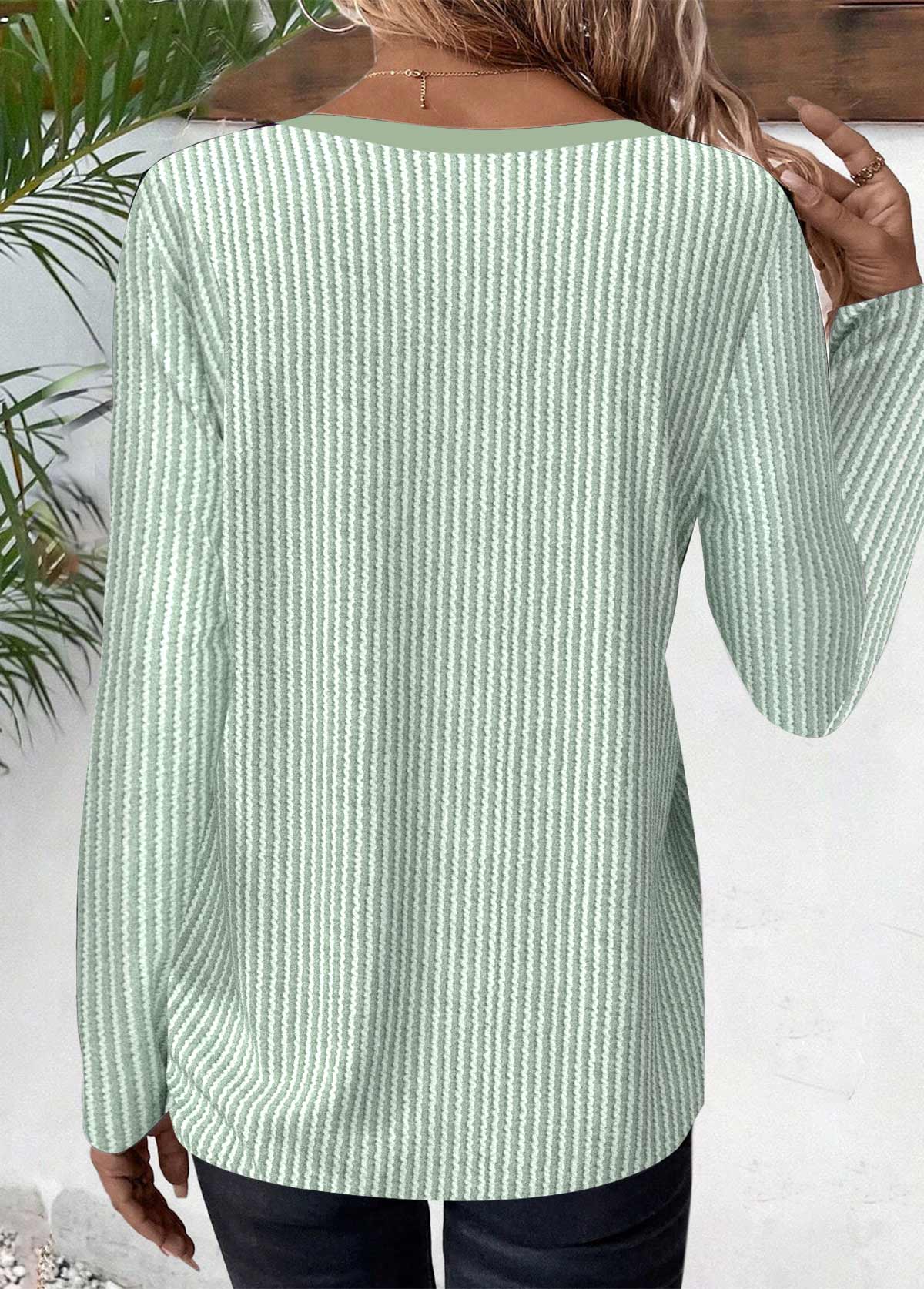 Light Green Button Striped Long Sleeve T Shirt | picture 
