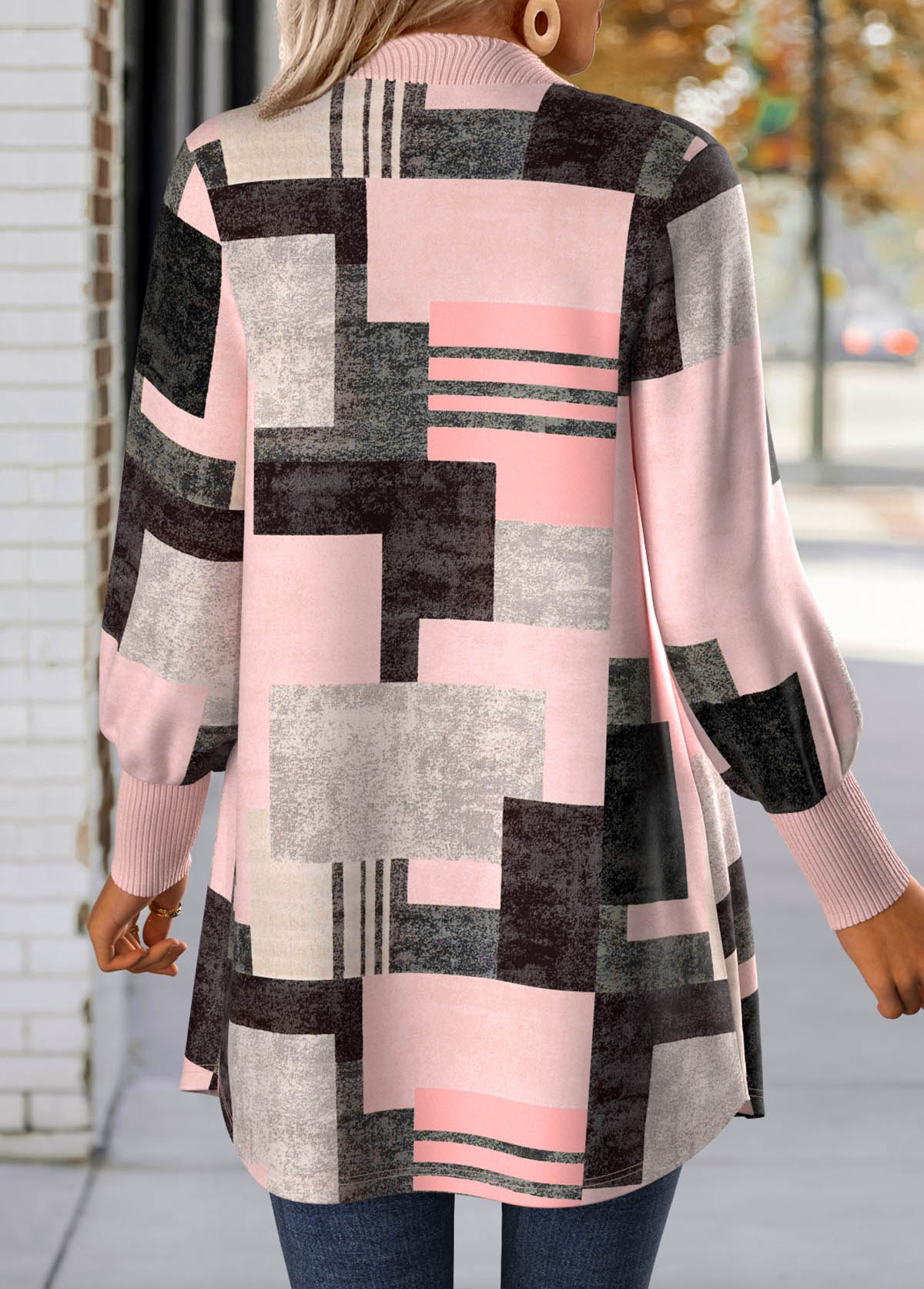 Light Pink Button Geometric Print Long Sleeve Coat | picture 