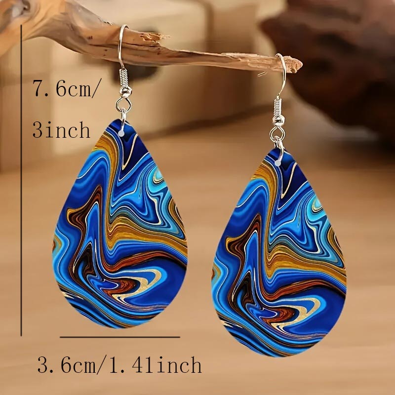 Dark Blue Droplet Wood Detail Earrings | picture 