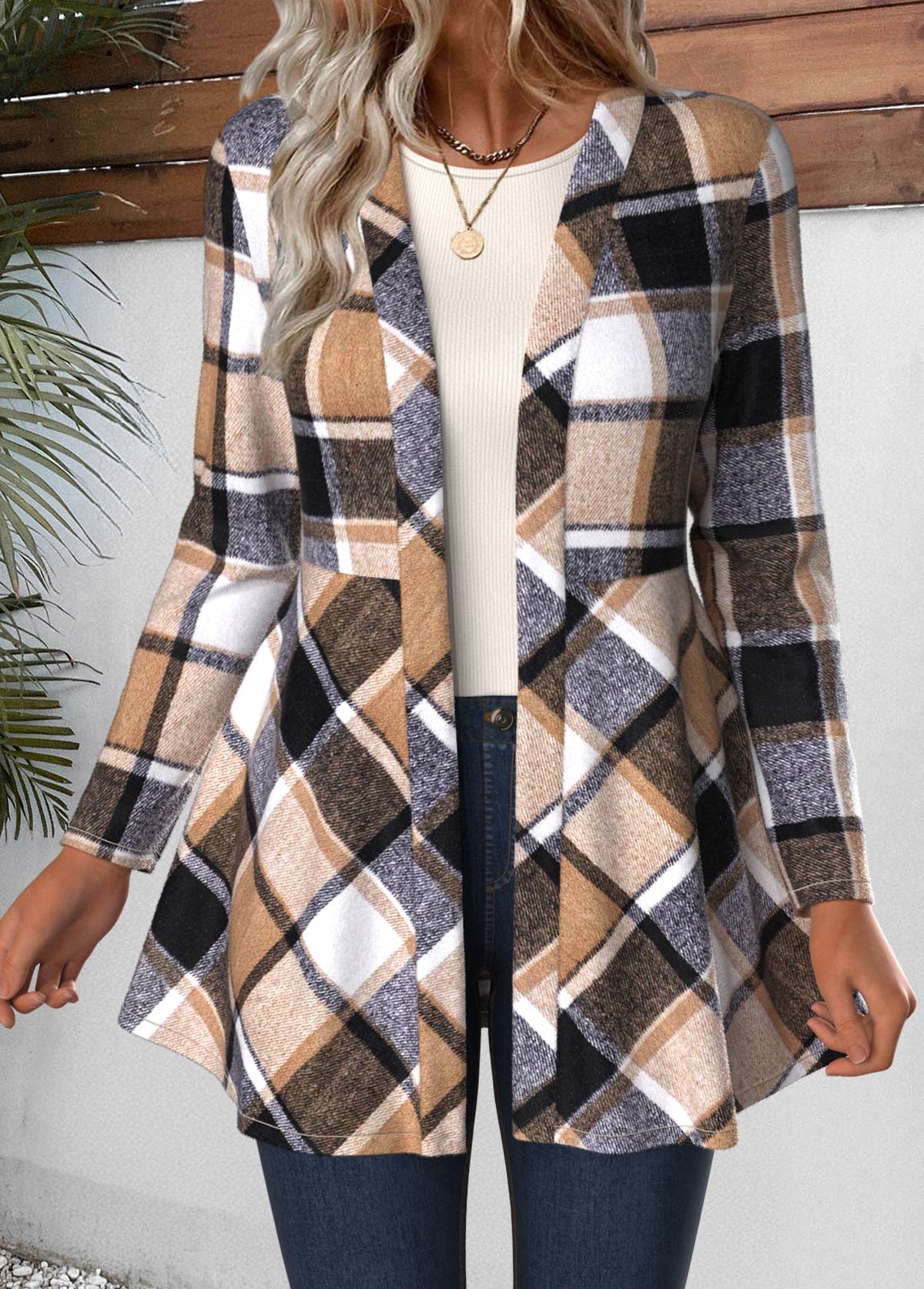 Light Coffee Plaid Long Sleeve Coat | picture 
