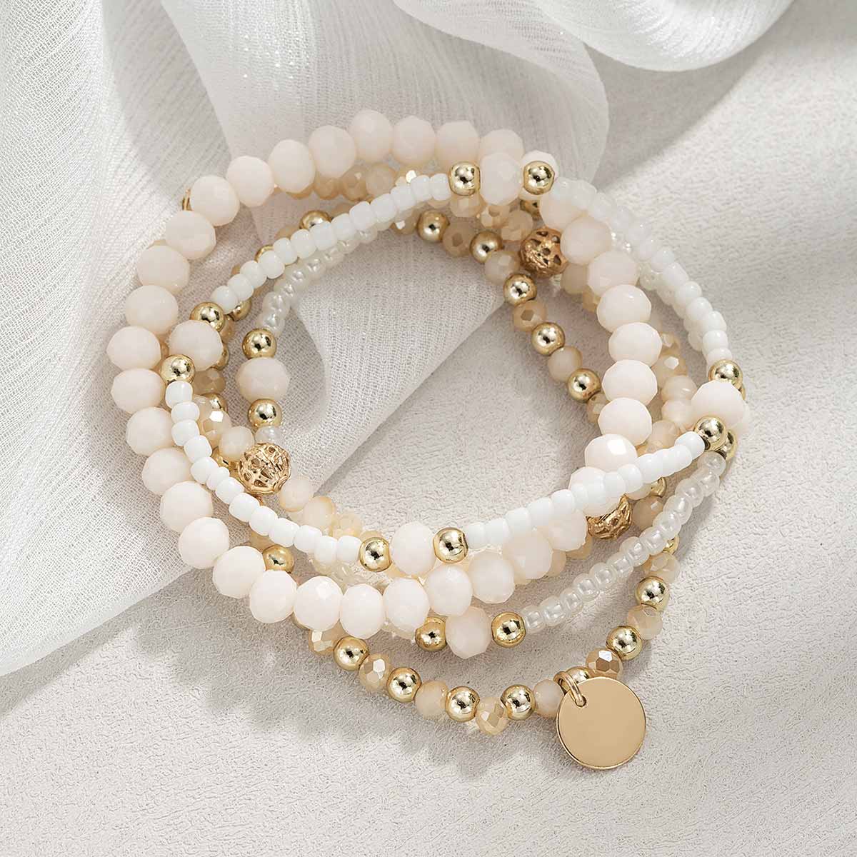 Beige Round Beaded Stretch Detail Bracelet | picture 
