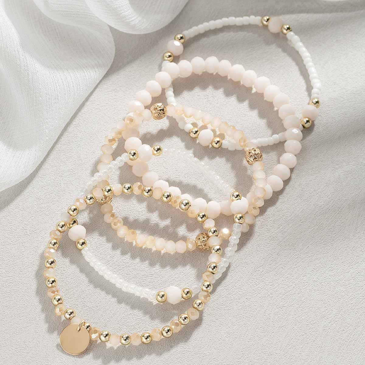 Beige Round Beaded Stretch Detail Bracelet | picture 