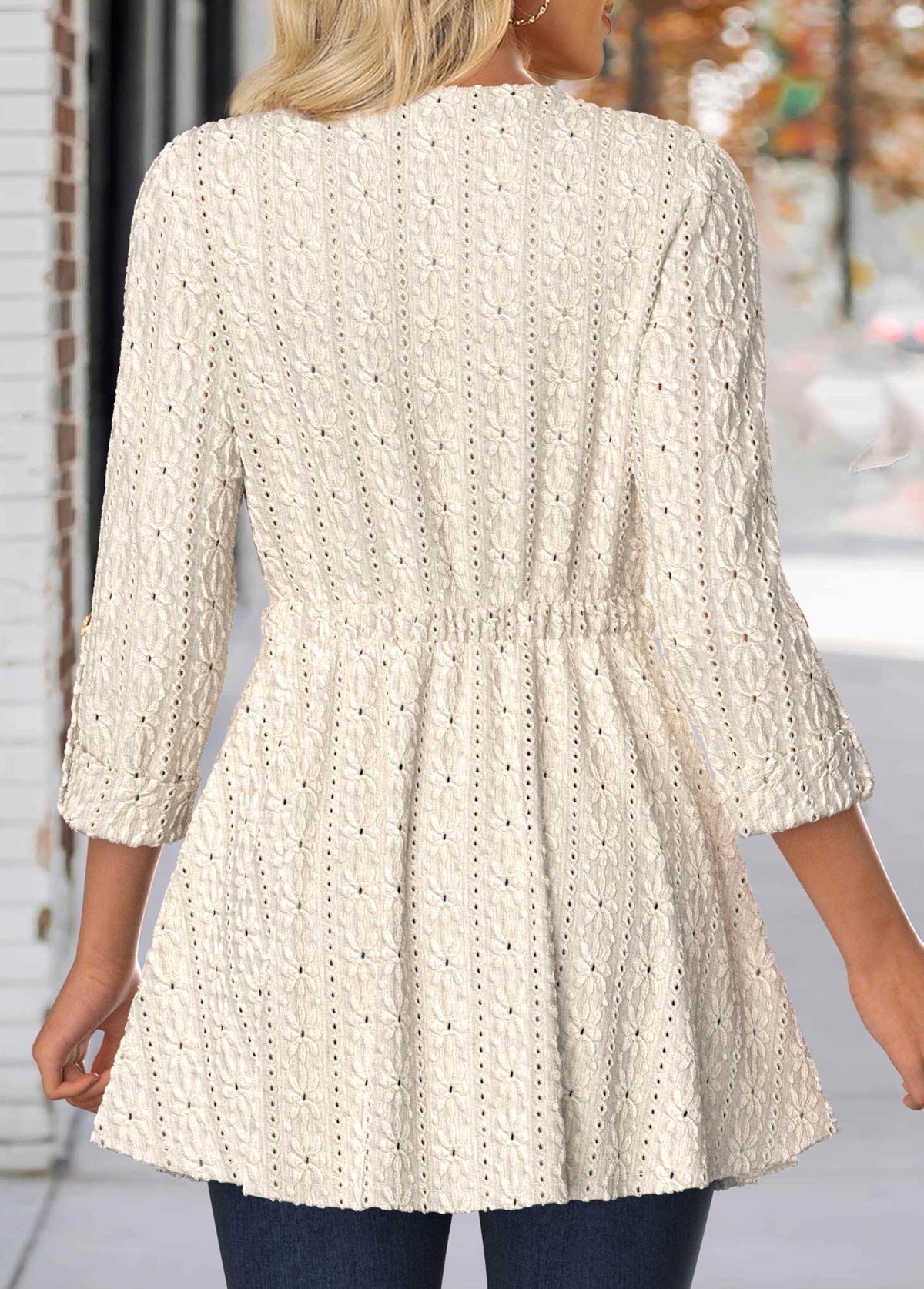 Beige Lace 3/4 Sleeve Round Neck Coat | picture 
